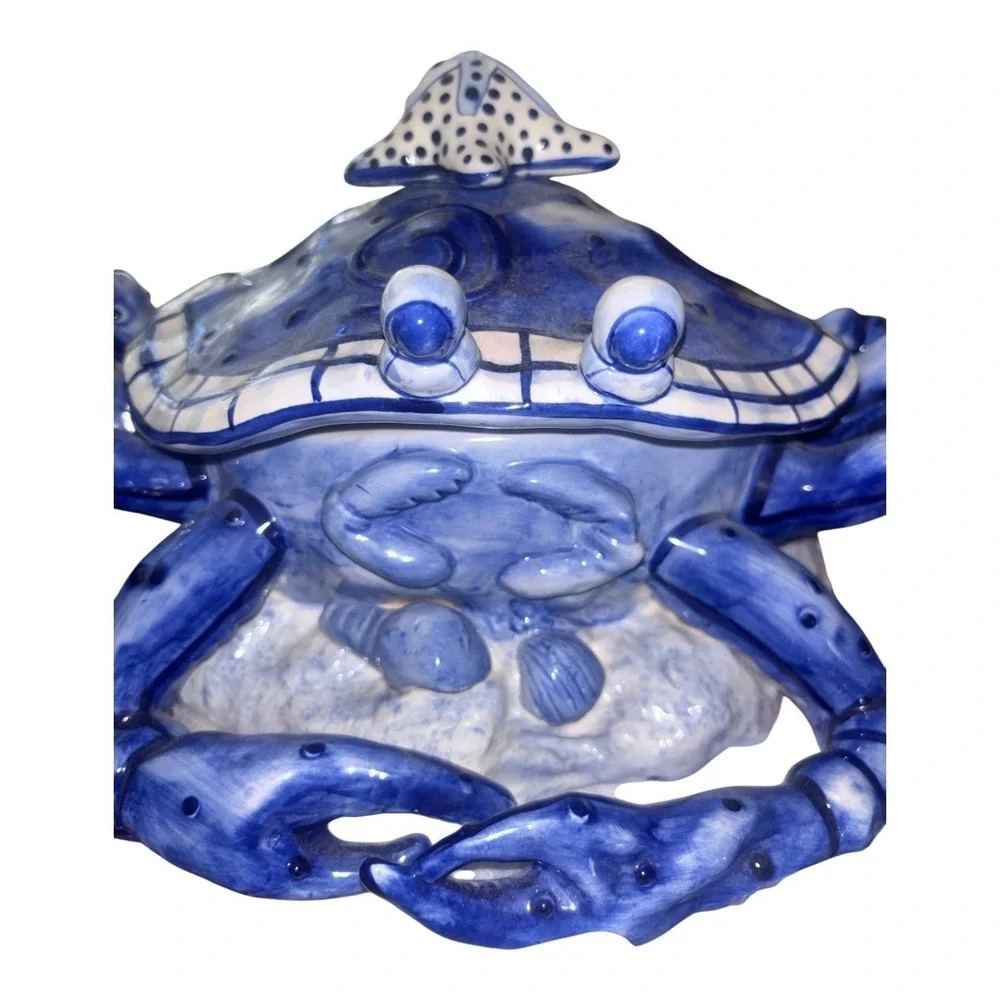 Diane Allen Stoneware Blue And White Ceramic Crab Rare 2002 Lidded Dish Seashore